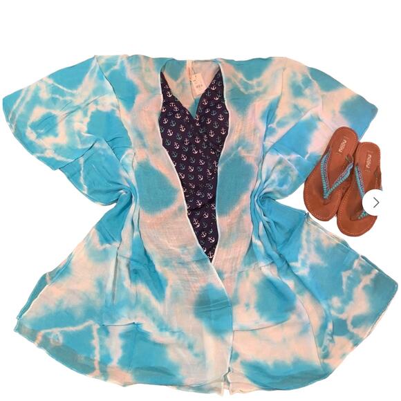 NWT Francesca's Turquoise & White Tie-Dye Kimono/Coverup - ONE SIZE - Picture 3 of 9